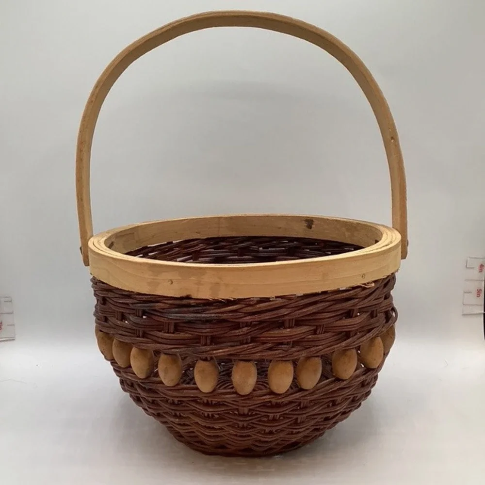 Rustic Wicker Basket Wood Handle Decorative Beads 6